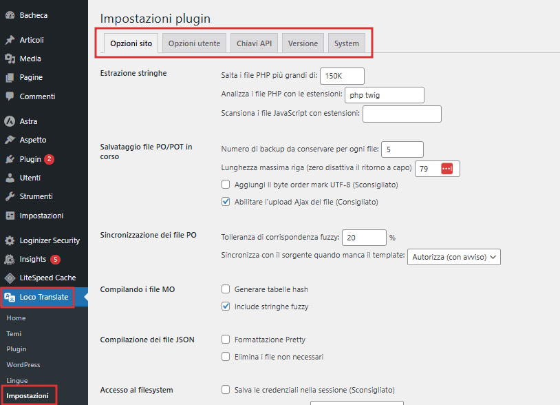 Loco Translate Impostazioni Plugin