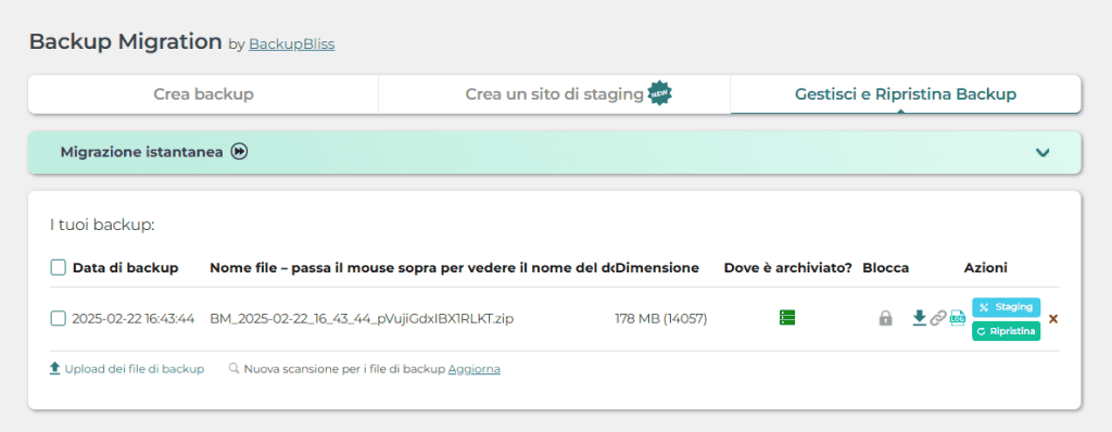 Backup Migration Copia Link Backup Migrazione Istantanea