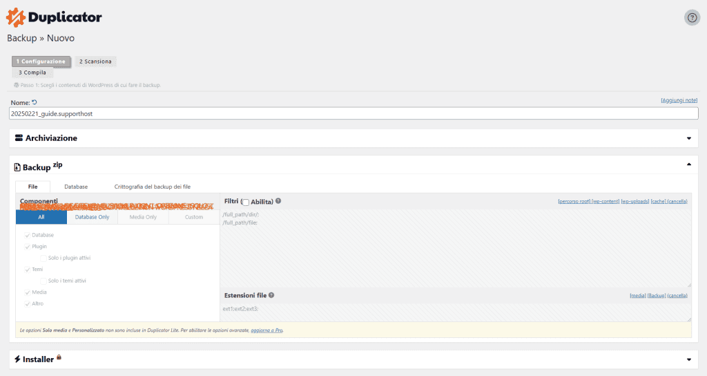 Duplicator Configurazione Backup