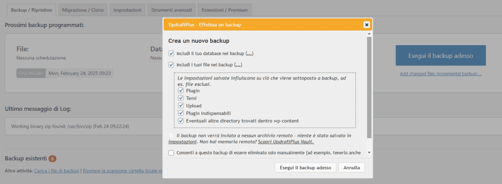 Updraftplus Nuovo Backup