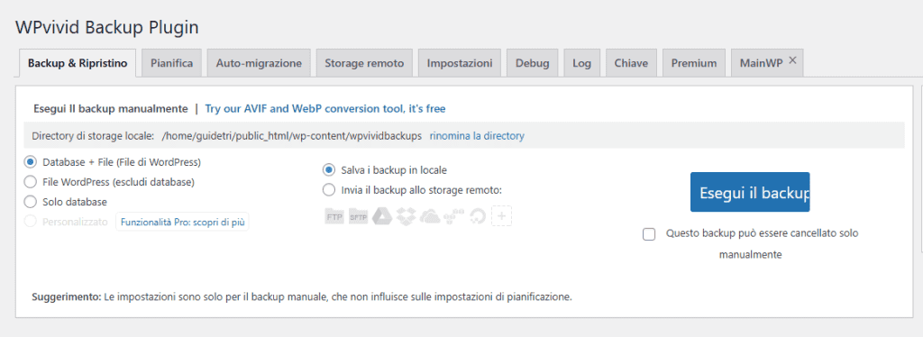 Wpvivid Esportazione Backup