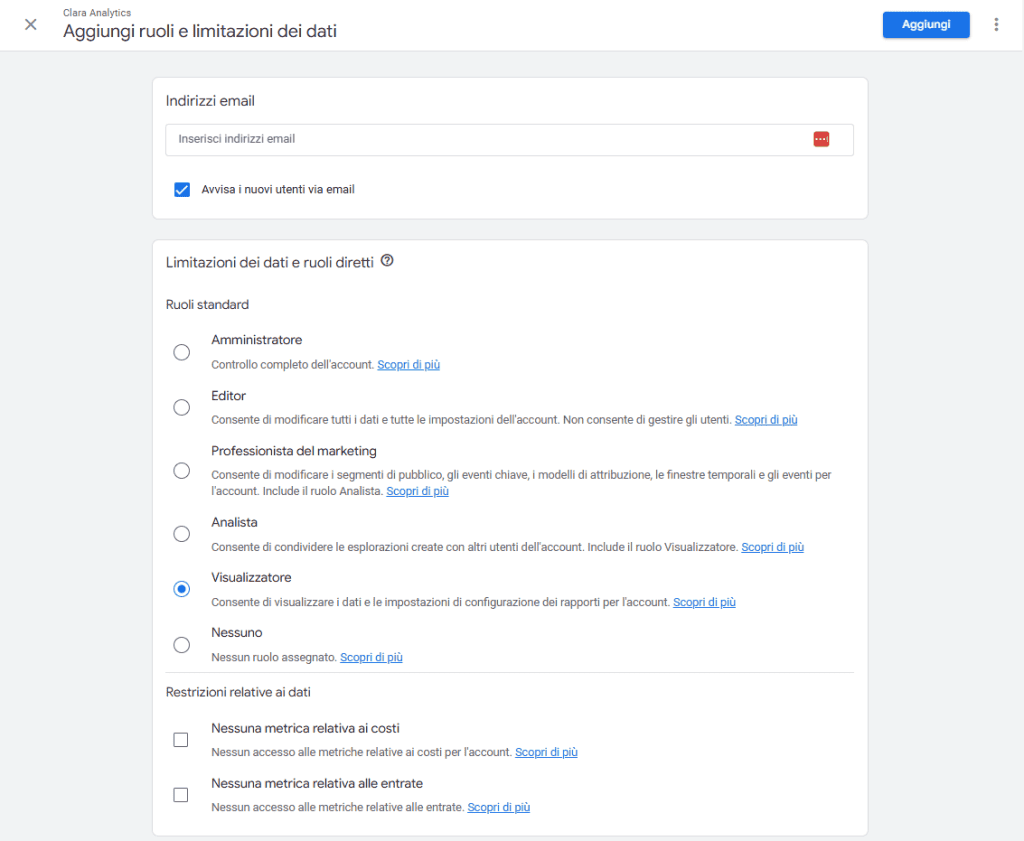 Google Analytics Amministrazione Aggiungere Ruoli