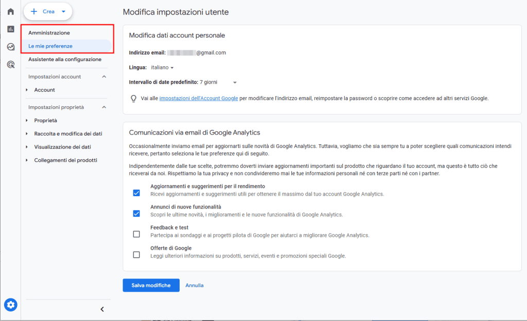 Google Analytics Amministrazione Le Mie Preferenze