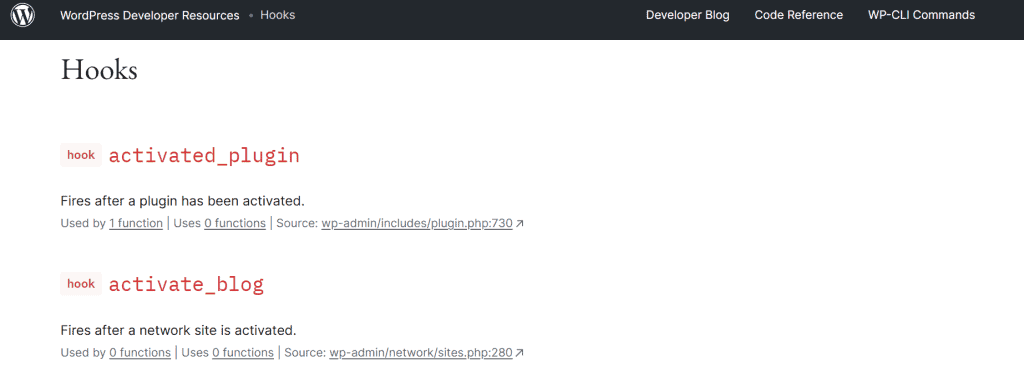 Lista Hooks Documentazione WordPress