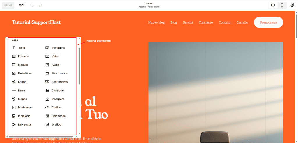 Aggiunta Nuovi Elementi Editor Squarespace