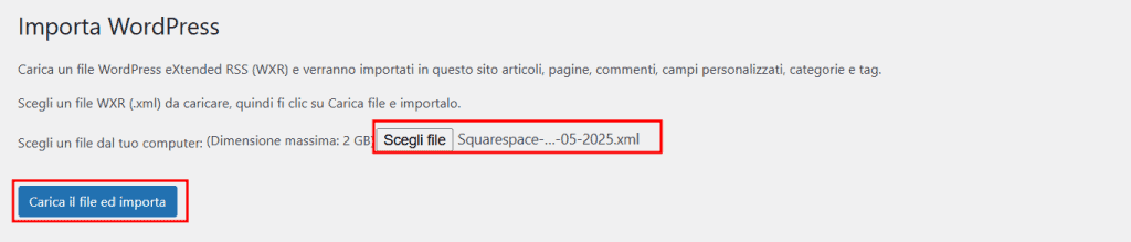 Caricare File Contenuti Importazione Squarespace Verso WordPress