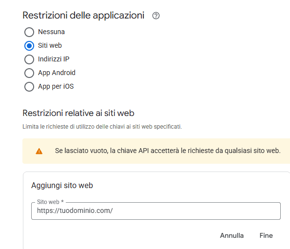 Chiave Api Restrizioni Siti Web Google Maps Platform