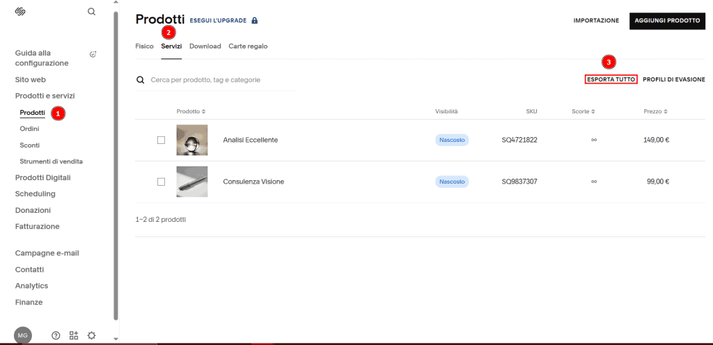 Esportare Prodotti Da Squarespace