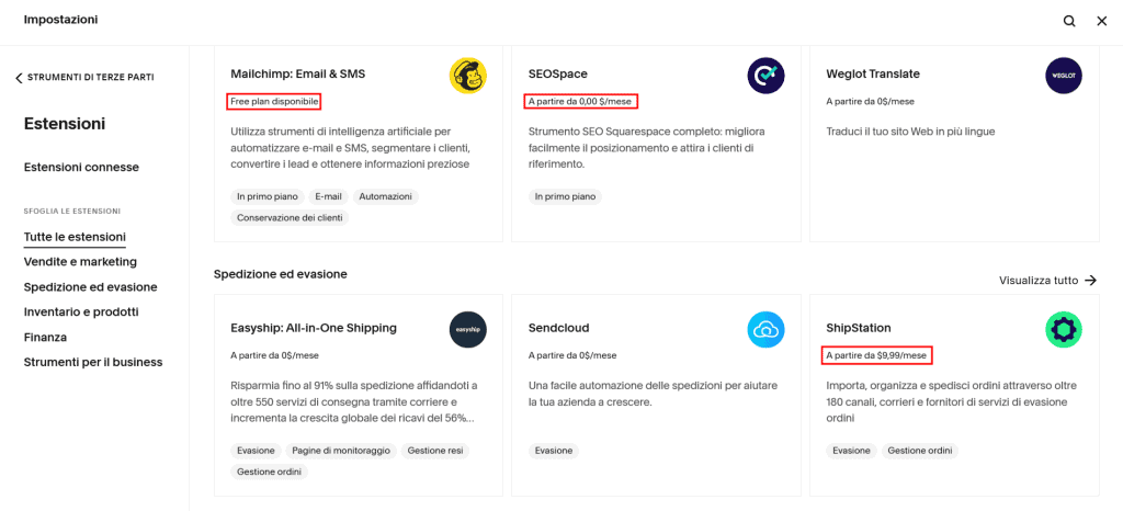 Estensioni Terze Parti Squarespace