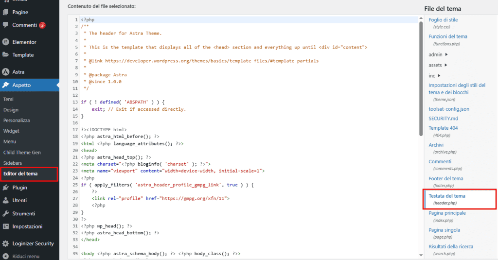 File Header Aggiungere Ricerca WordPress Codice