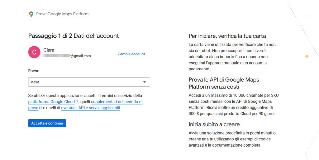 Google Maps Platform Dati Account