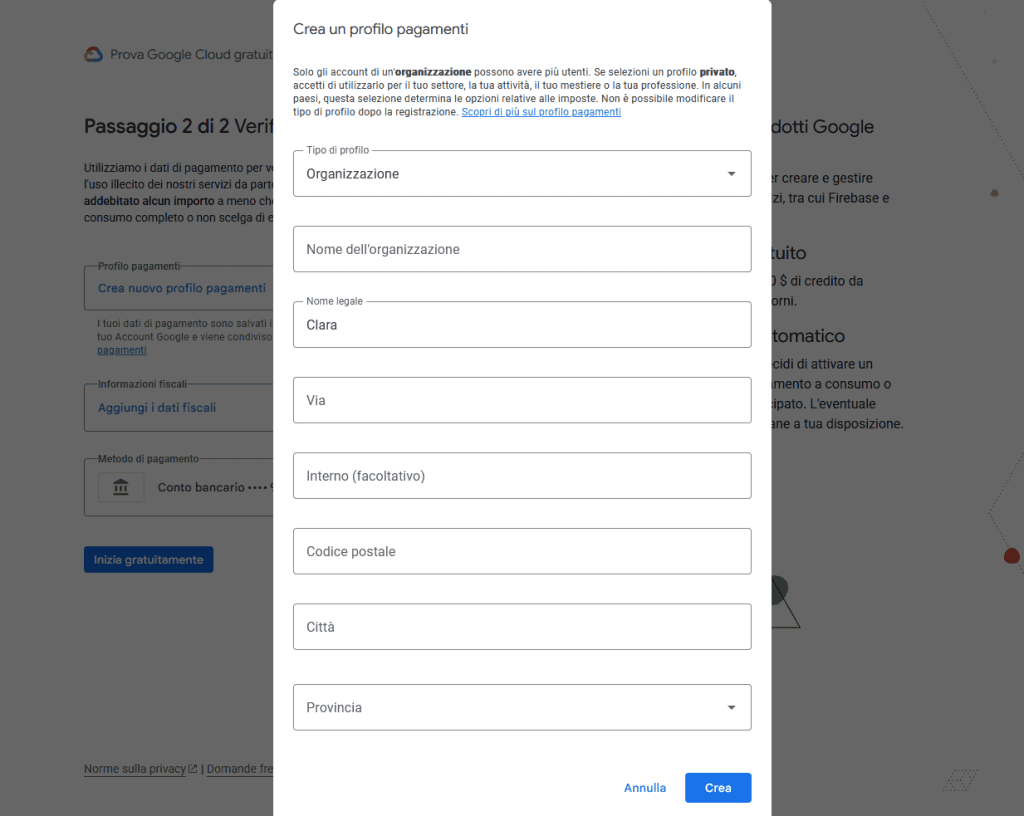 Google Maps Platform Nuovo Profilo Pagamenti