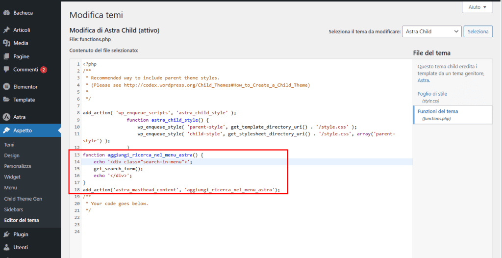 Hook Functions Php Ricerca Menu Astra