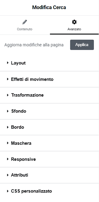 Impostazioni Barra Ricerca Elementor