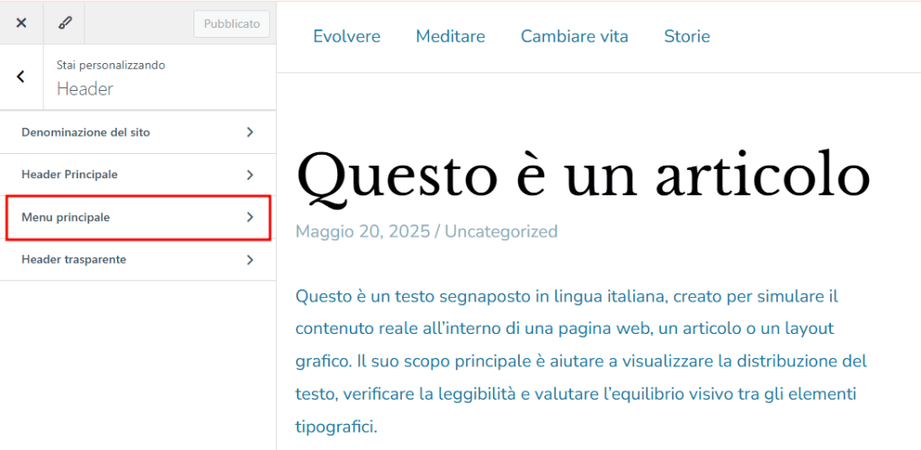 Impostazioni Header Menu Principale Tema Astra