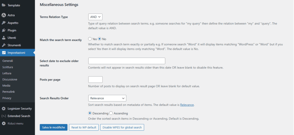 Impostazioni Plugin Wp Extended Search
