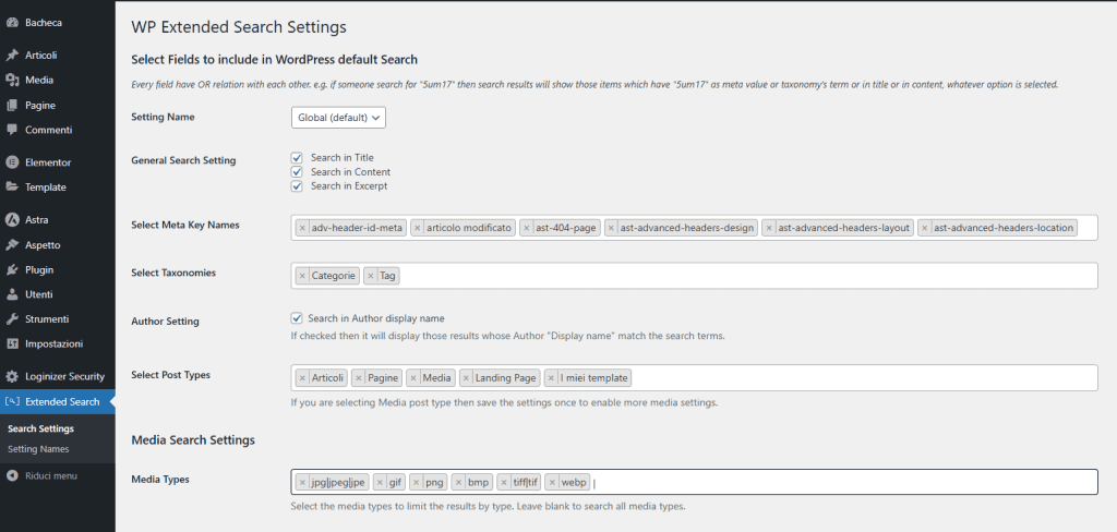 Impostazioni Wp Extended Search