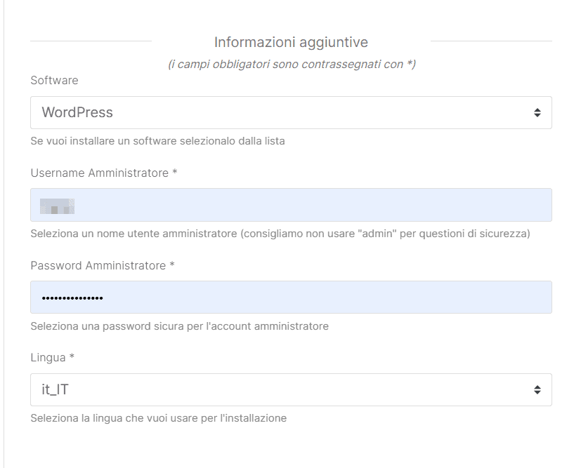 Informazioni Installazione WordPress Carrello Supporthost