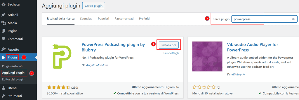 Installazione Plugin Podcast WordPress