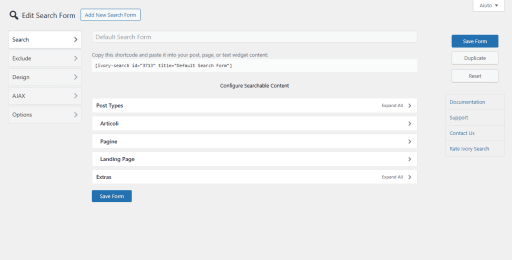 Ivory Search Form Impostazioni