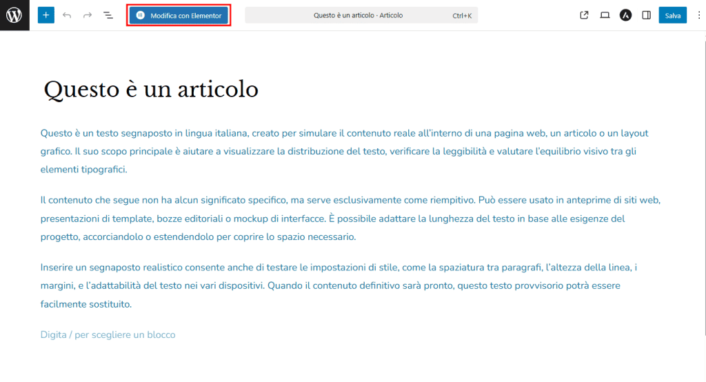 Modifica Con Elementor Articolo