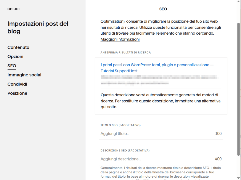 Opzioni Seo Articolo Squarespace