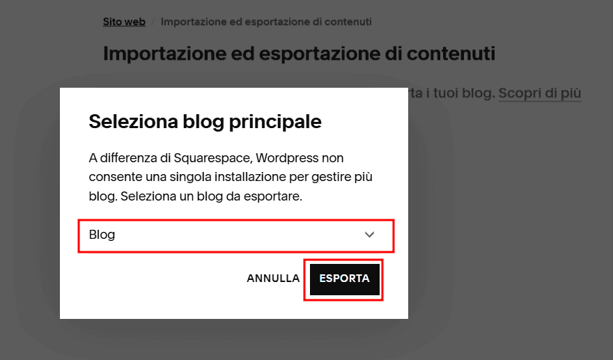 Squarespace Seleziona Blog Da Esportare