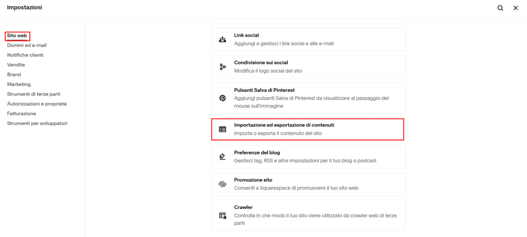 Squarespace Sito Web Importazione Esportazione