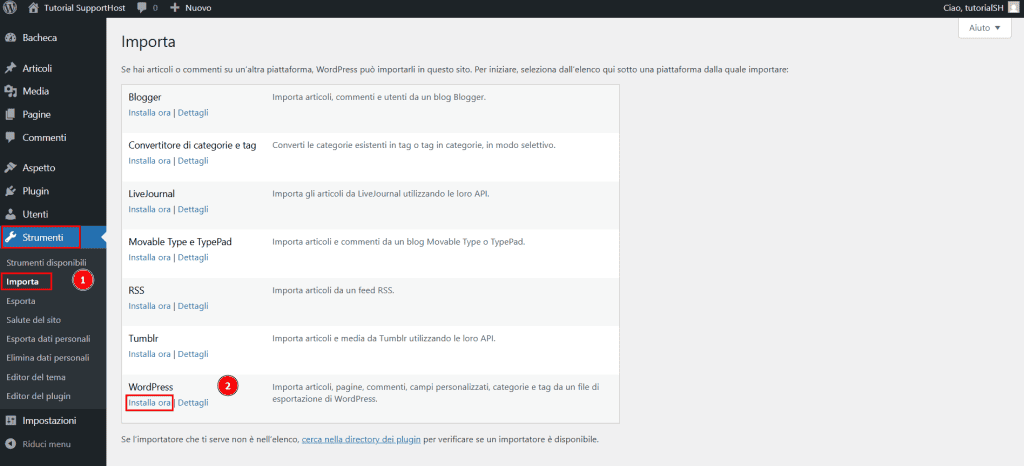 Strumento Importazione Squarespace WordPress