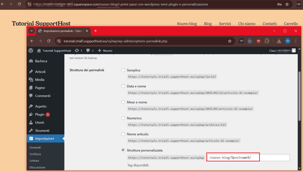 Struttura Permalink Migrazione Squarespace WordPress