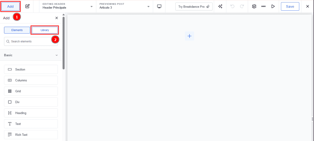 Add Library Footer Breakdance