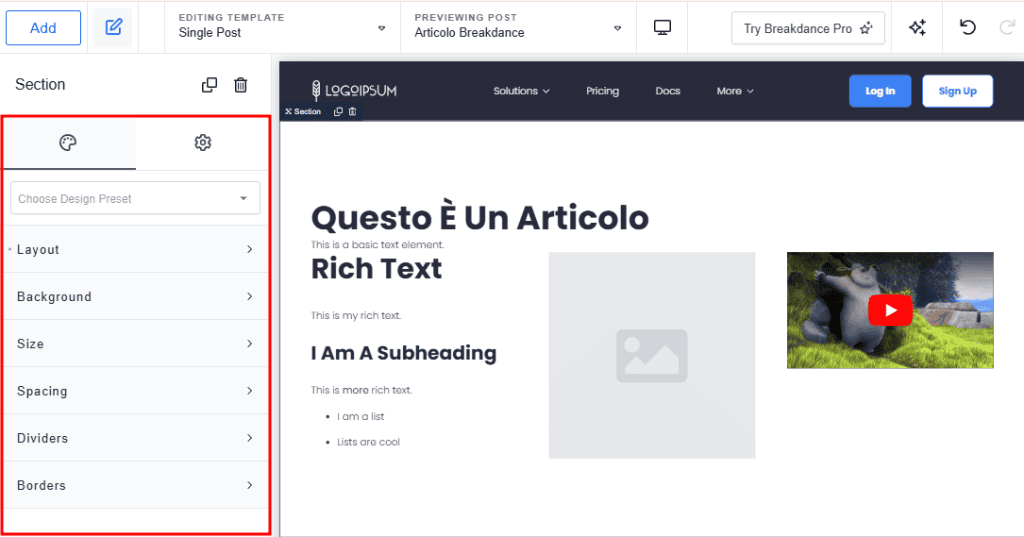 Aggiungere Elementi Editor Breakdance
