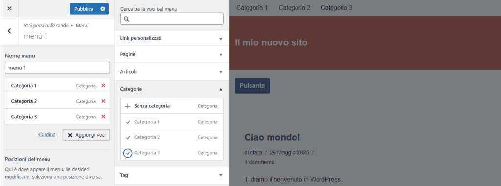 Aggiungi Categorie Impostazioni Menu Neve