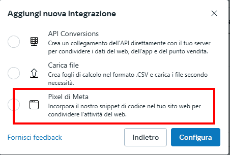 Aggiungi Nuova Integrazione Pixel Facebook