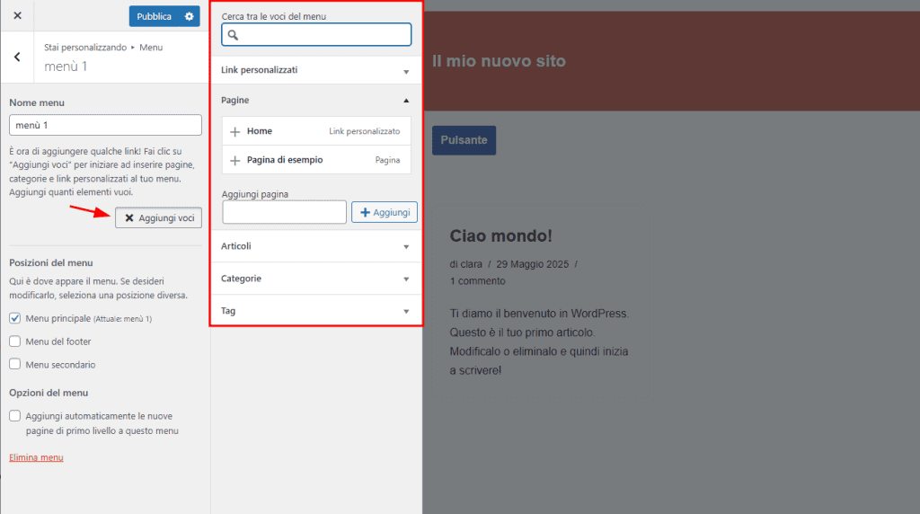 Aggiungi Voci Impostazioni Menu Neve