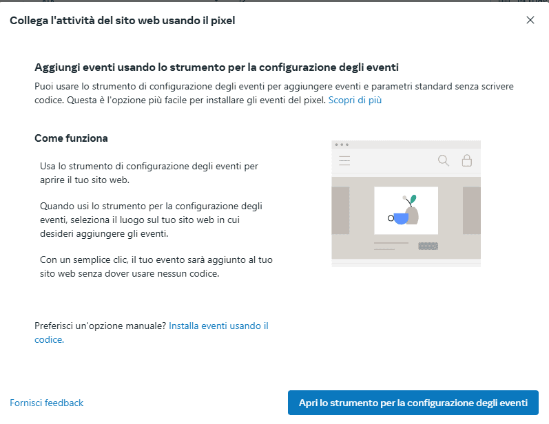 Apri Strumento Configurazione Eventi Pixel Meta