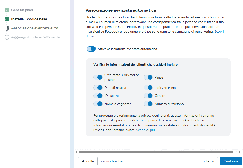 Associazione Avanzata Automatica Pixel Facebook
