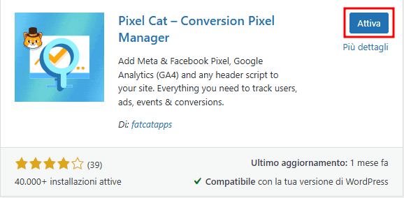 Attivazione Pixel Cat Plugin