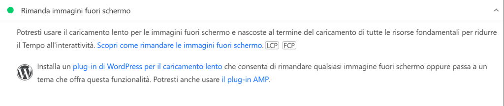 Avviso Caricamento Lento Page Speed Insights