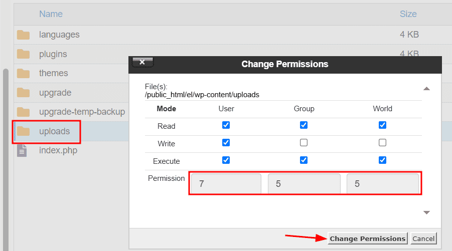 Cambiare Permessi Cartella Uploads WordPress File Manager
