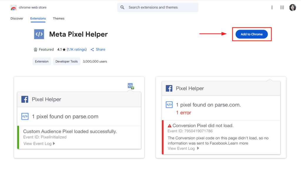 Chrome Web Store Meta Pixel Helper