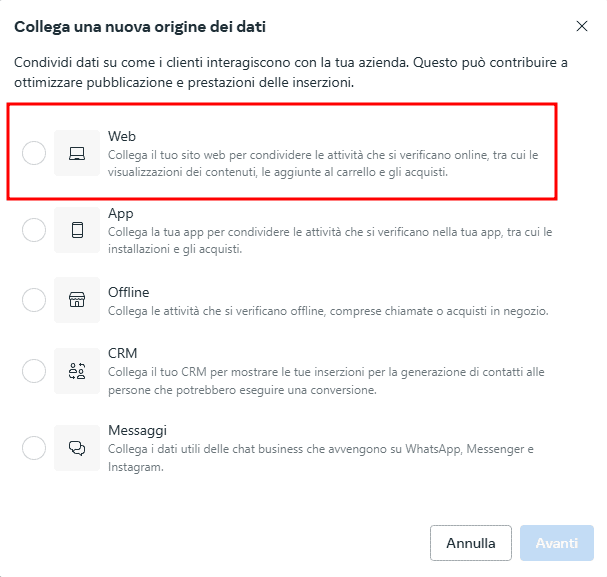 Collegare Nuova Origine Dati Pixel Meta