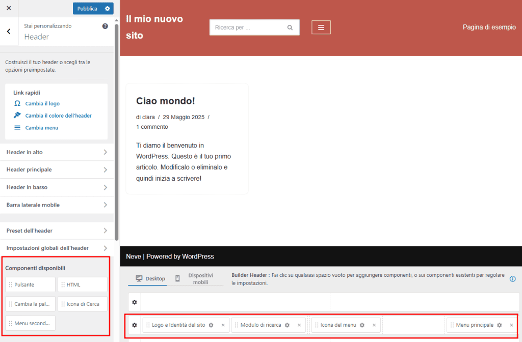 Componenti Disponibili Builder Header Neve