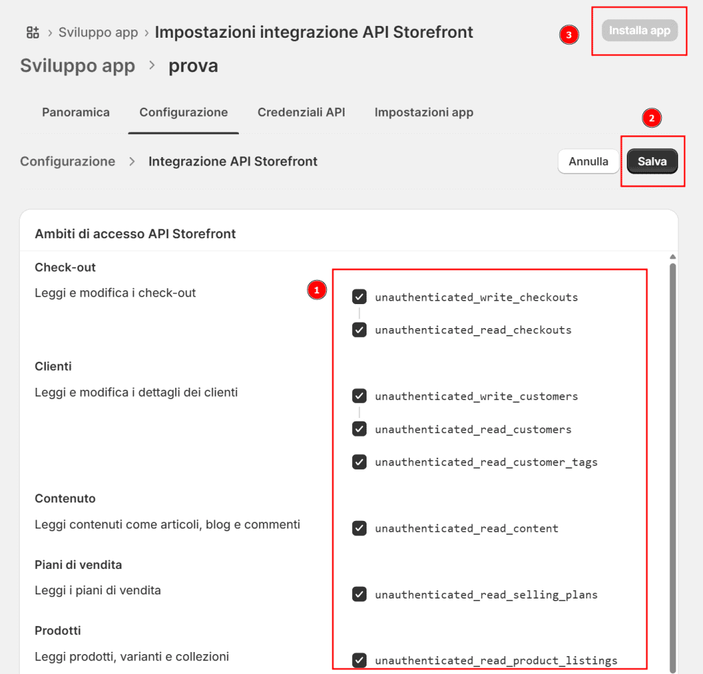 Configurazione Api Shopify