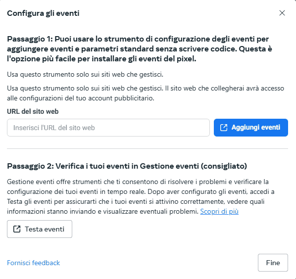 Configurazione Eventi Pixel Meta Sito Wp