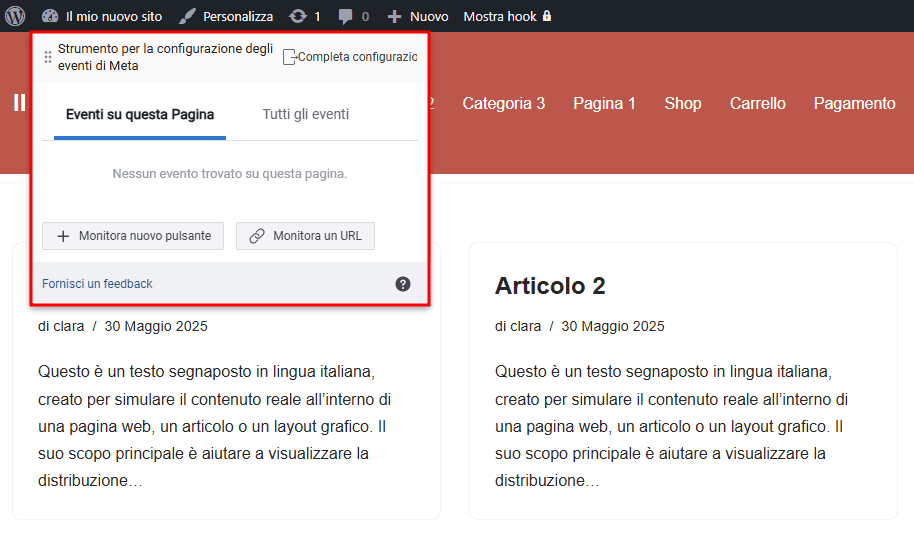 Configurazione Eventi Pixel Meta WordPress