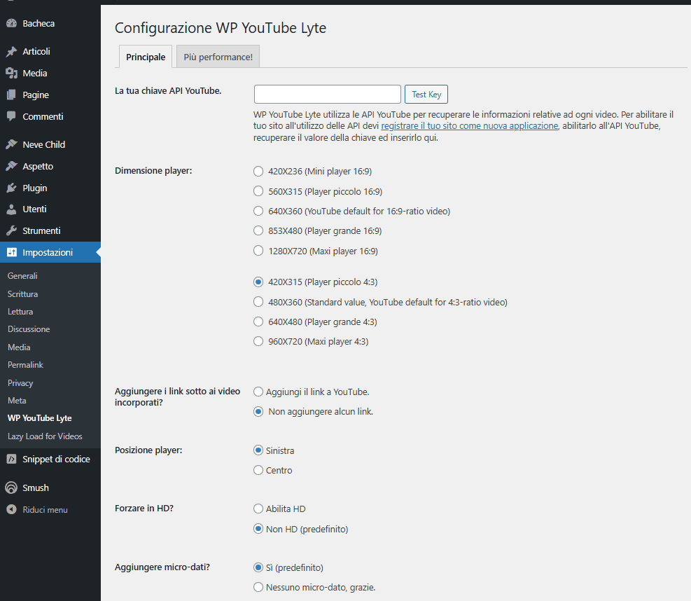 Configurazione Wp Youtube Lyte Plugin
