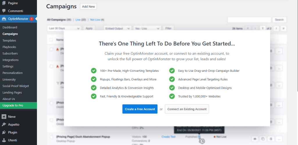 Connettere Account Optinmonster
