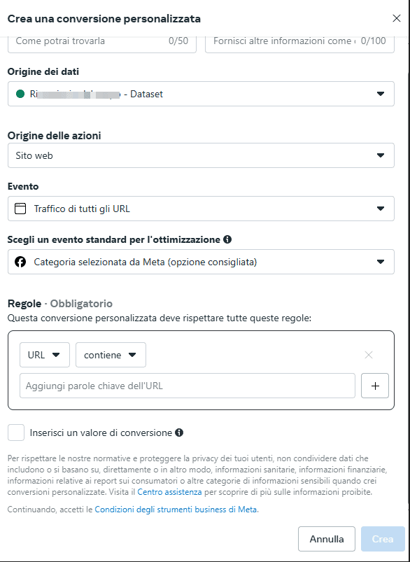 Creare Conversione Personalizzata Pixel Meta