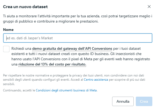 Creare Dataset Pixel Business Facebook